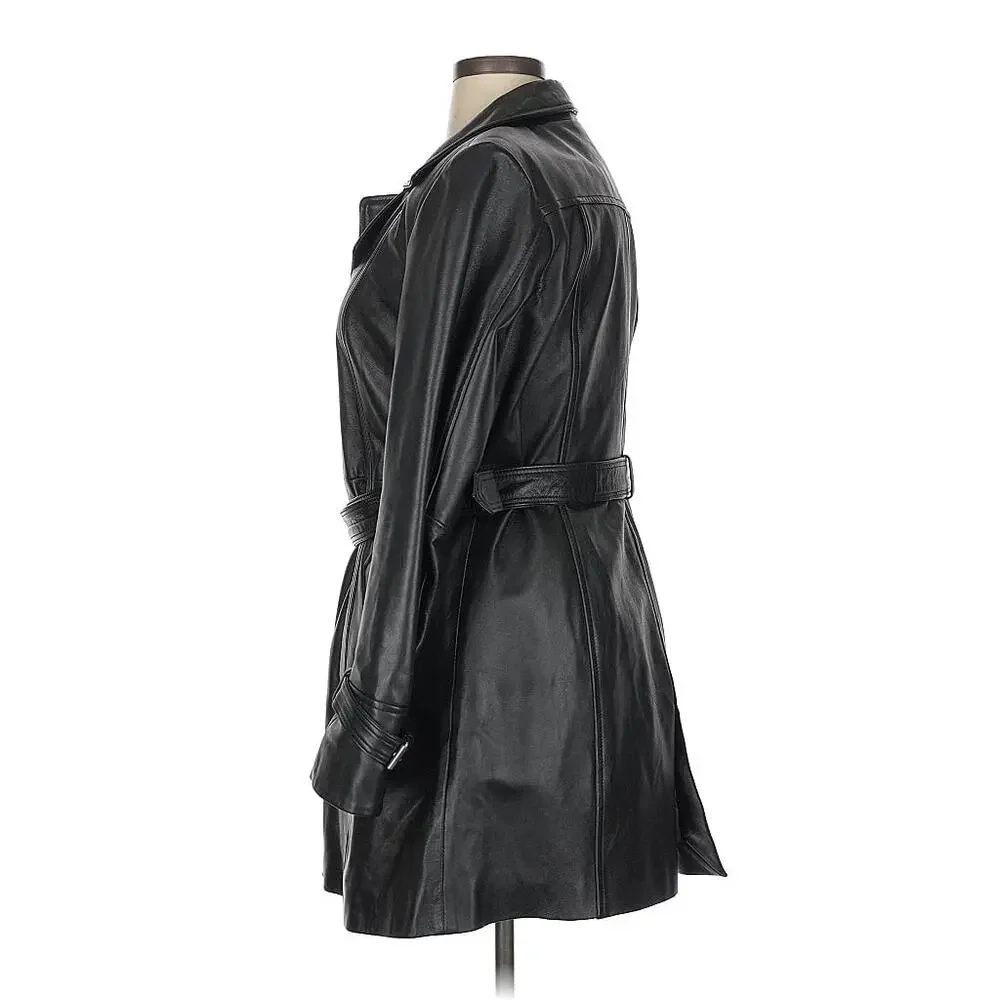 Genuine Leather Trench Belted Jacket Blazer Coat Black Longline Moto Buckle - Picture 4 of 12